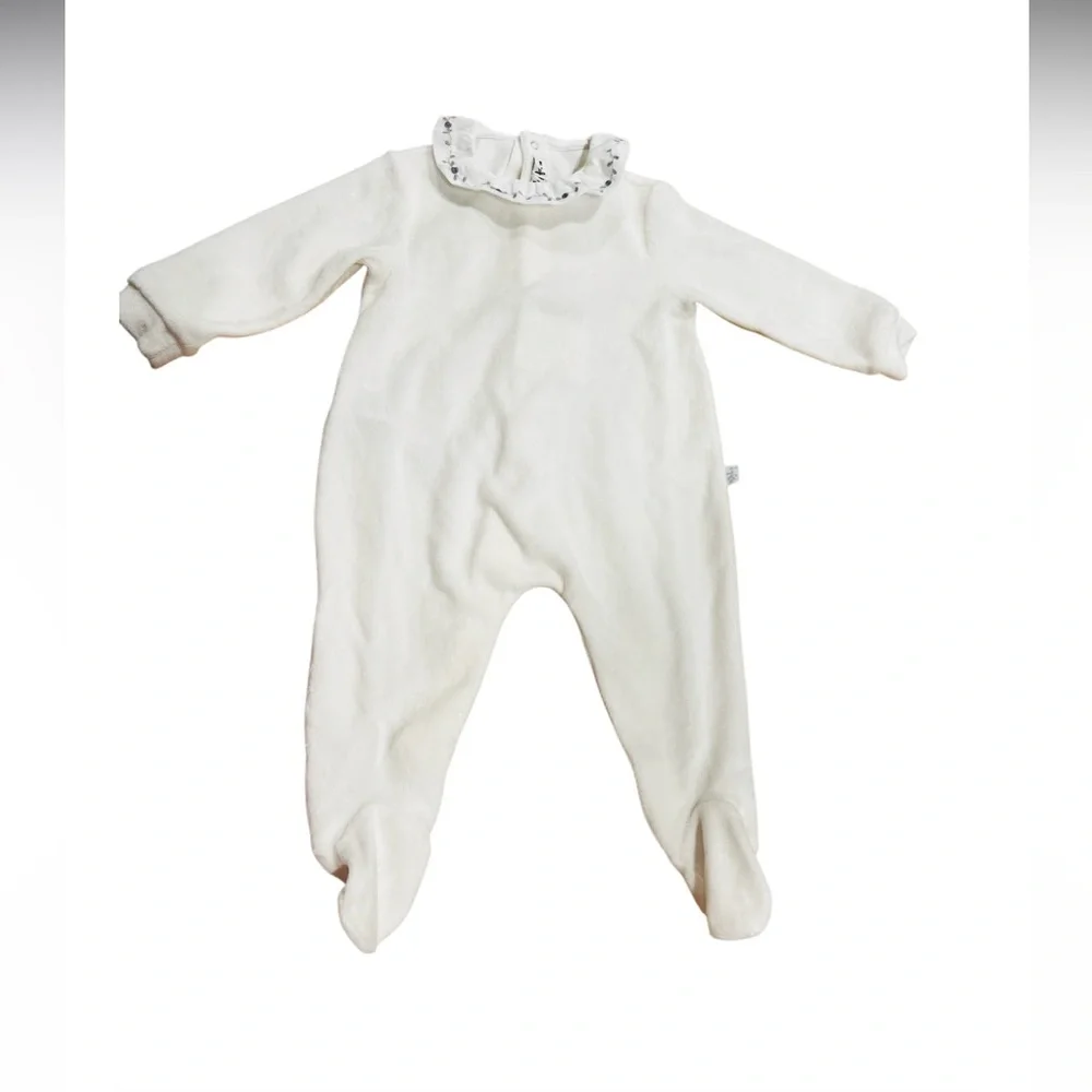 Il Gufo baby white cotton velour jumpsuit floral embroidered collar Size 9M NWT